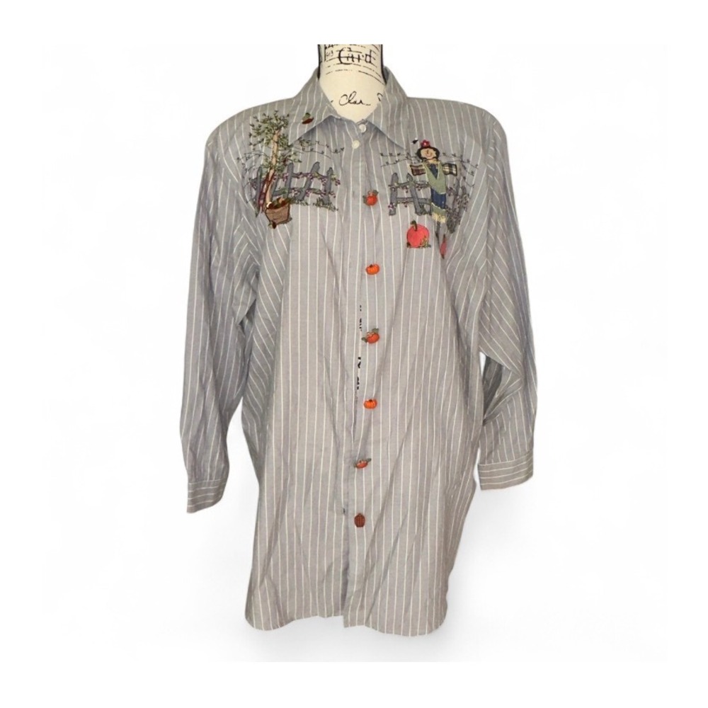 Karen Scott II Button Up Striped Fall Embroidered Pumpkin Scarecrow‎ Shirt 1X